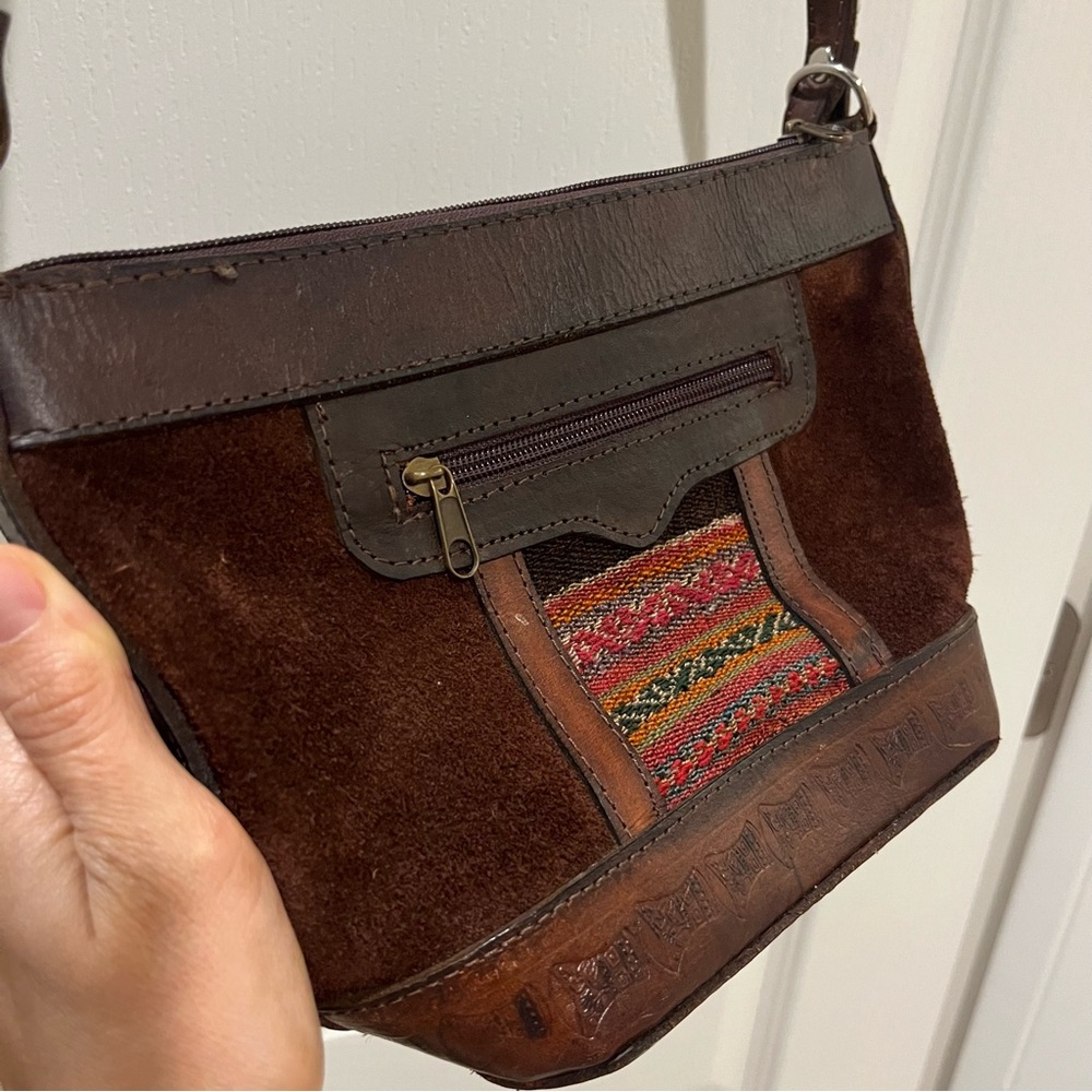 Bolivian Leather Suede Textile small crossbody purse, handmade FLAW- textile
